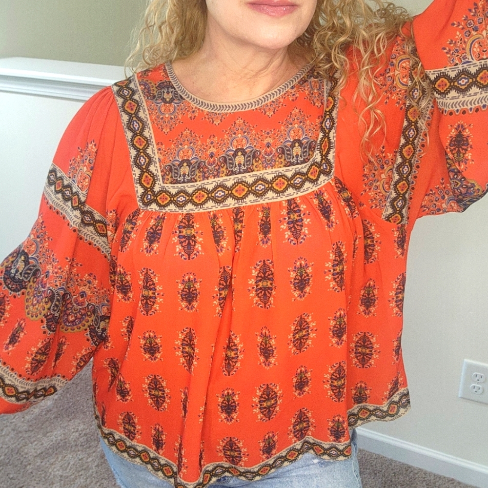 Women's Flying Tomato flowy gauzy oversized orange boho printed blouse SZ M